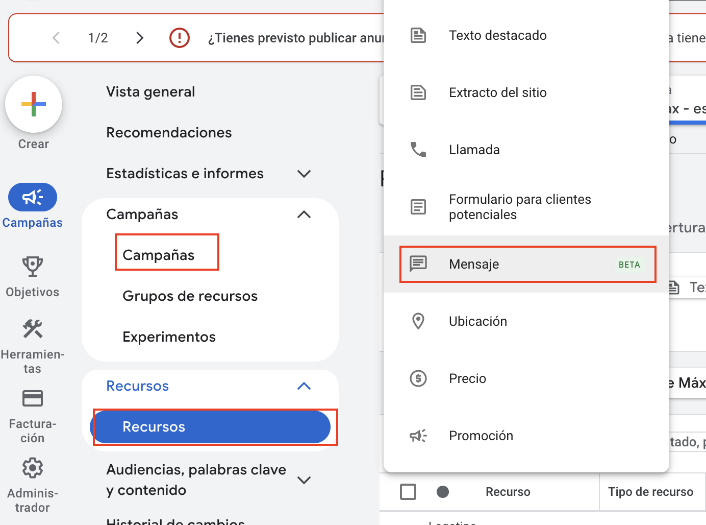 Crear Message Asset en Google Ads desde el menú de Activos