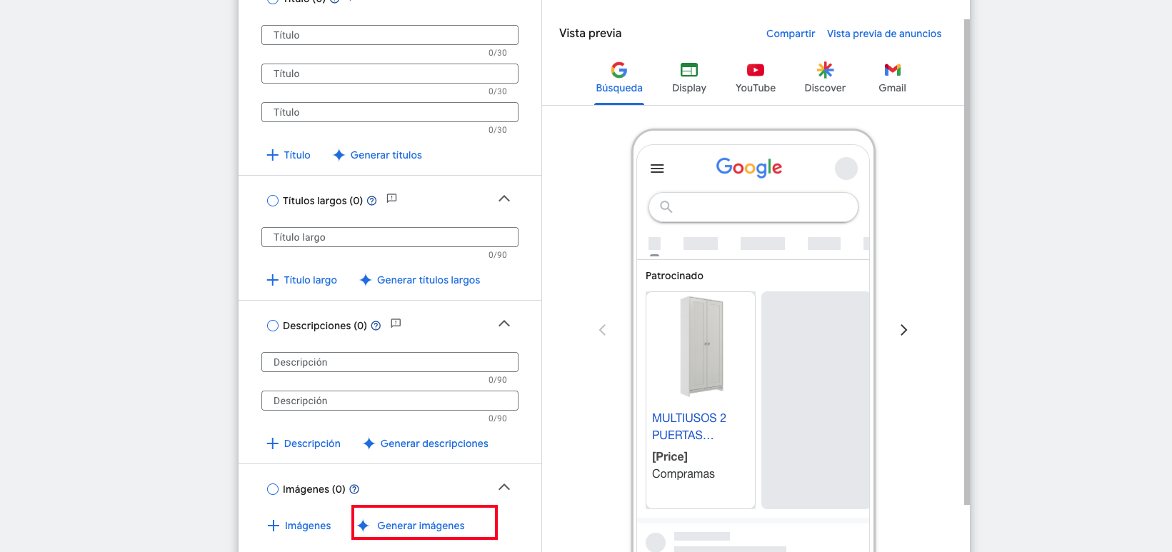 Sección de imágenes en Google Ads mostrando la opción de generar con IA