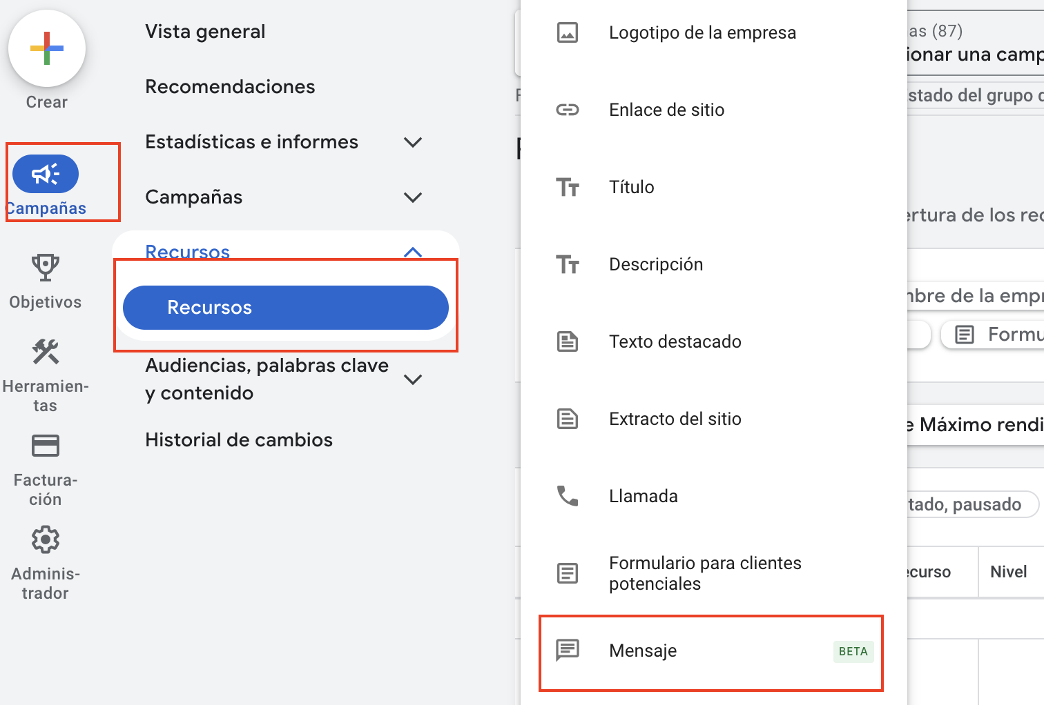 Crear Message Asset en Google Ads desde el menú de Activos