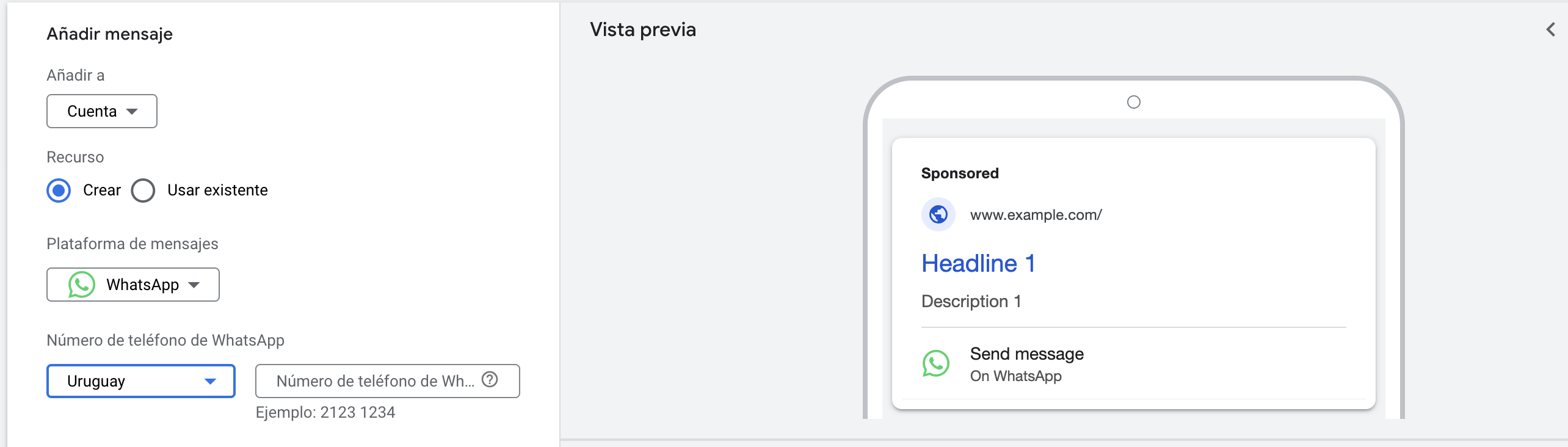 Seleccionar WhatsApp como plataforma de mensajería en Google Ads