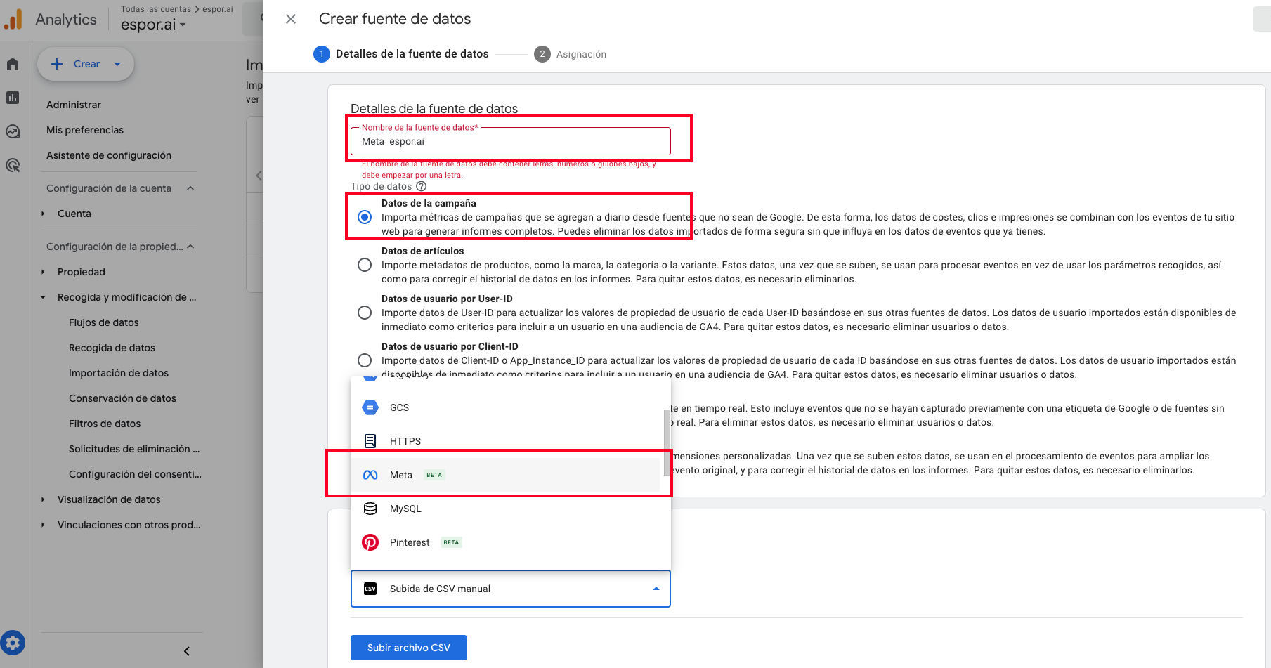 Configurar fuente de datos seleccionando Meta (Beta)