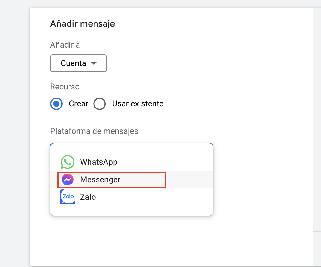 Seleccionar Facebook Messenger como plataforma en Message Assets