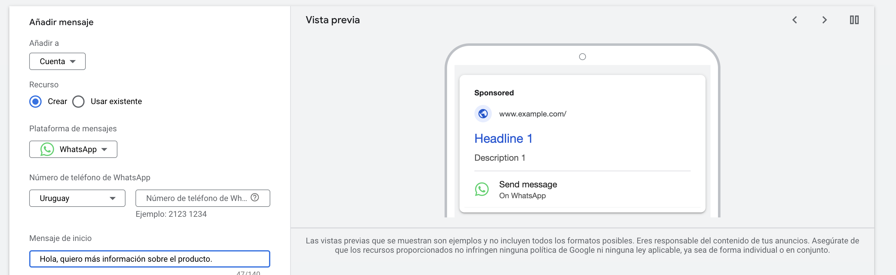 Configurar Starter Message para WhatsApp en Google Ads