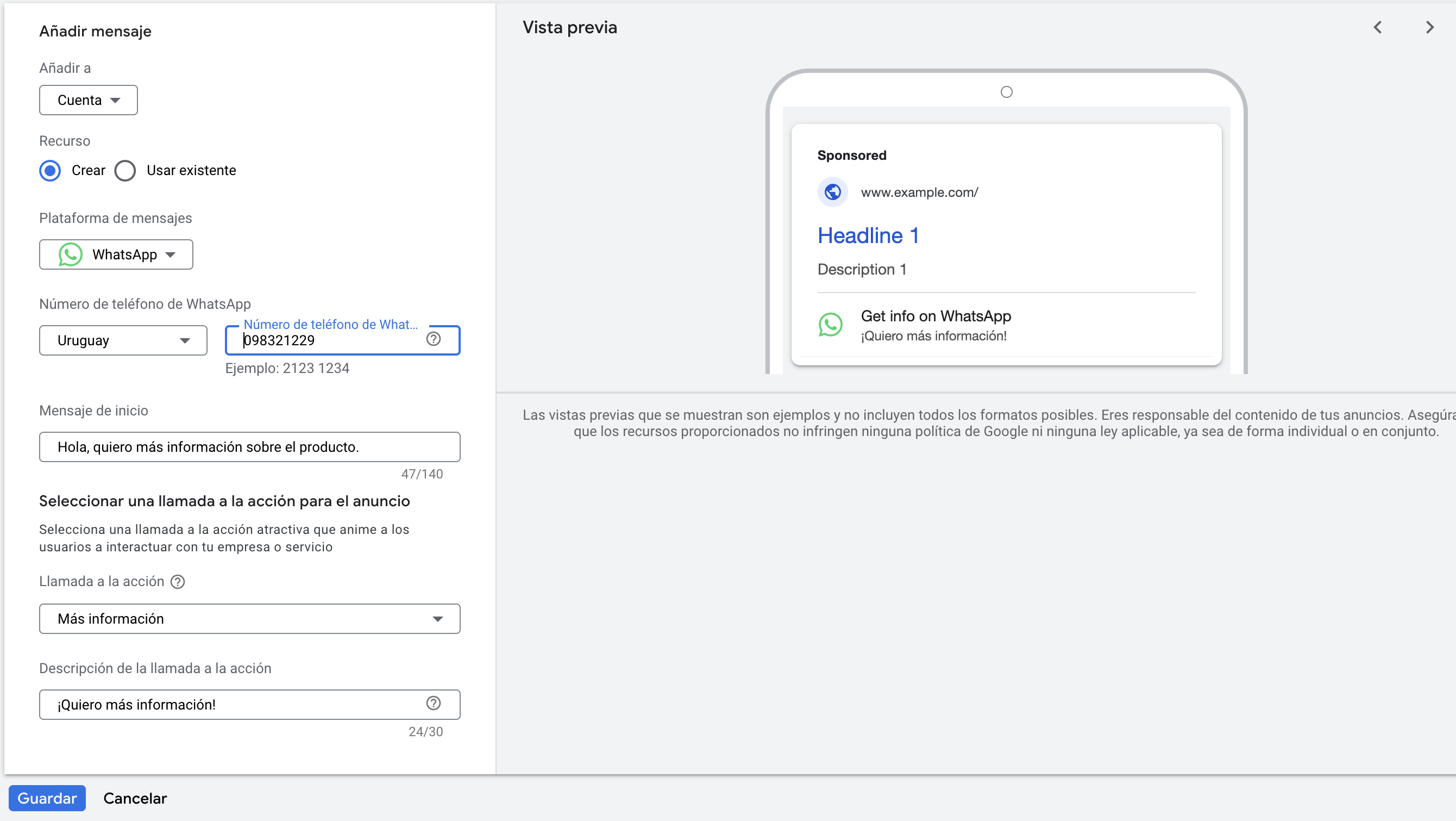 Asignar Message Asset a campañas en Google Ads