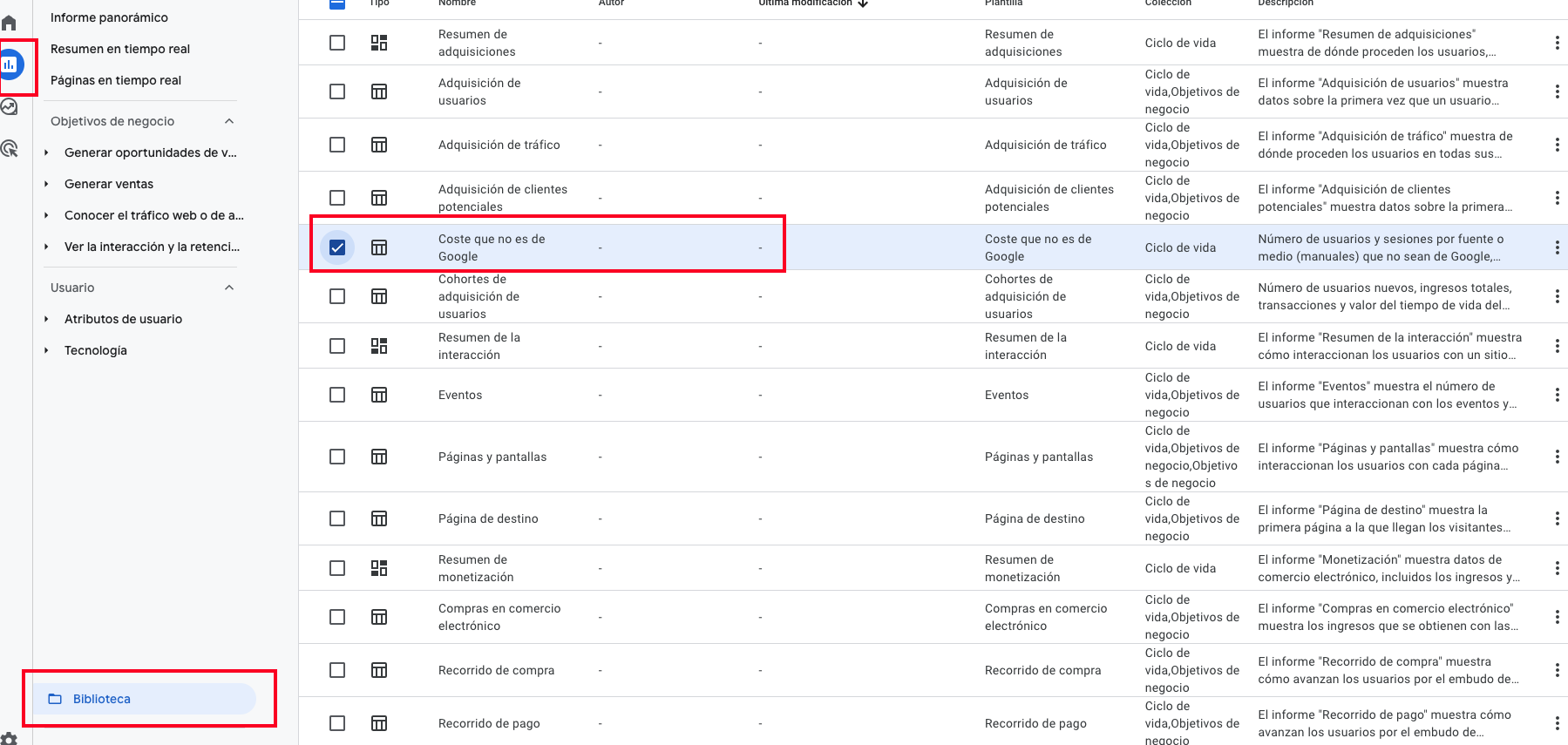 Acceder al informe de Coste que no es de Google en GA4